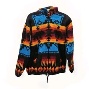Artesanias 100% Wool Teal Aztec Southwest Full Zip Hooded Sweater Hoodie Small
